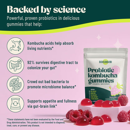 BoochBod Probiotische Kombucha Gummis – Präbiotika, Probiotika, Postbiotika, Ballaststoffe, Ulme, Löwenzahnwurzel, MCT-Öl – gegen Blähungen und für die Darmgesundheit – Probiotika für Frauen und Männer