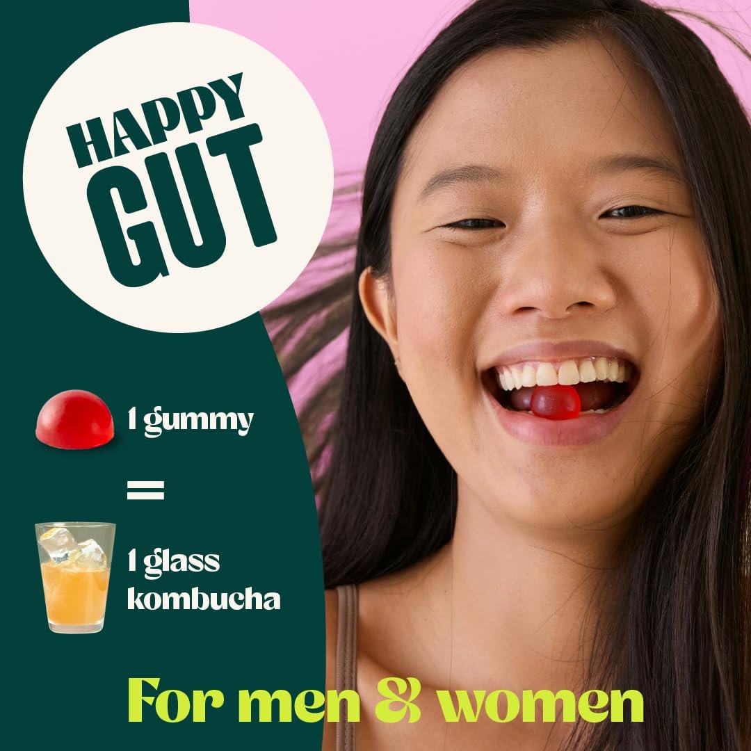 BoochBod Probiotische Kombucha Gummis – Präbiotika, Probiotika, Postbiotika, Ballaststoffe, Ulme, Löwenzahnwurzel, MCT-Öl – gegen Blähungen und für die Darmgesundheit – Probiotika für Frauen und Männer