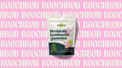 BoochBod Probiotische Kombucha Gummis – Präbiotika, Probiotika, Postbiotika, Ballaststoffe, Ulme, Löwenzahnwurzel, MCT-Öl – gegen Blähungen und für die Darmgesundheit – Probiotika für Frauen und Männer