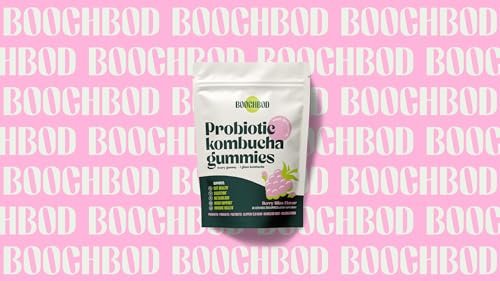 BoochBod Probiotische Kombucha Gummis – Präbiotika, Probiotika, Postbiotika, Ballaststoffe, Ulme, Löwenzahnwurzel, MCT-Öl – gegen Blähungen und für die Darmgesundheit – Probiotika für Frauen und Männer