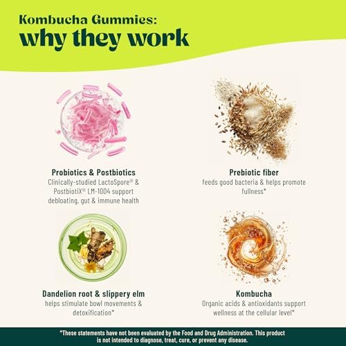 BoochBod Probiotische Kombucha Gummis – Präbiotika, Probiotika, Postbiotika, Ballaststoffe, Ulme, Löwenzahnwurzel, MCT-Öl – gegen Blähungen und für die Darmgesundheit – Probiotika für Frauen und Männer