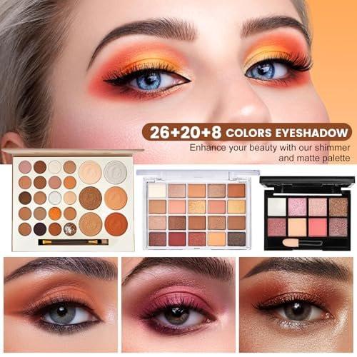 All-in-One Makeup Komplettset für Frauen – Make-up Geschenkset mit Foundation, Lidschattenpalette, Concealer, Lippenstift, Eyeliner, Augenbrauenschablonen, Mascara und Pinselset