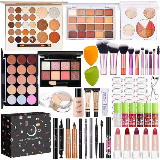 All-in-One Makeup Komplettset für Frauen – Make-up Geschenkset mit Foundation, Lidschattenpalette, Concealer, Lippenstift, Eyeliner, Augenbrauenschablonen, Mascara und Pinselset