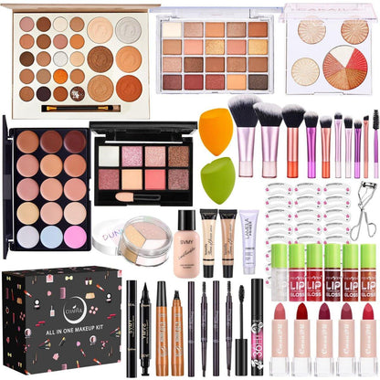 All-in-One Makeup Komplettset für Frauen – Make-up Geschenkset mit Foundation, Lidschattenpalette, Concealer, Lippenstift, Eyeliner, Augenbrauenschablonen, Mascara und Pinselset