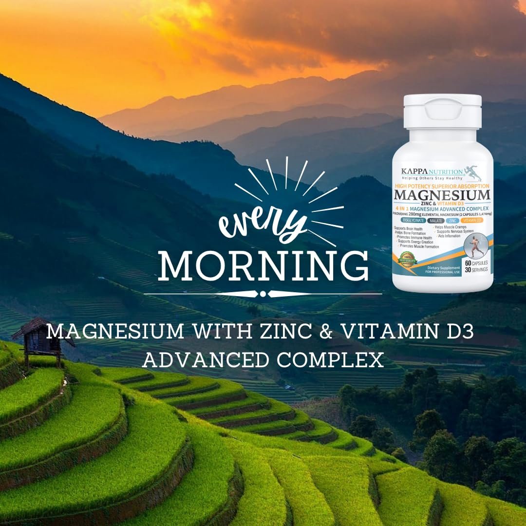 Kappa Nutrition Magnesium 4-in-1, 280 mg elementares Magnesium (Bisglycinat, Malat) + Zink & Vitamin D3, Gehirn, Schlaf, Energie, Muskeln, Immunsystem, 60 vegane Kapseln