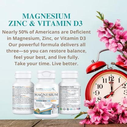 Kappa Nutrition Magnesium 4-in-1, 280 mg elementares Magnesium (Bisglycinat, Malat) + Zink & Vitamin D3, Gehirn, Schlaf, Energie, Muskeln, Immunsystem, 60 vegane Kapseln