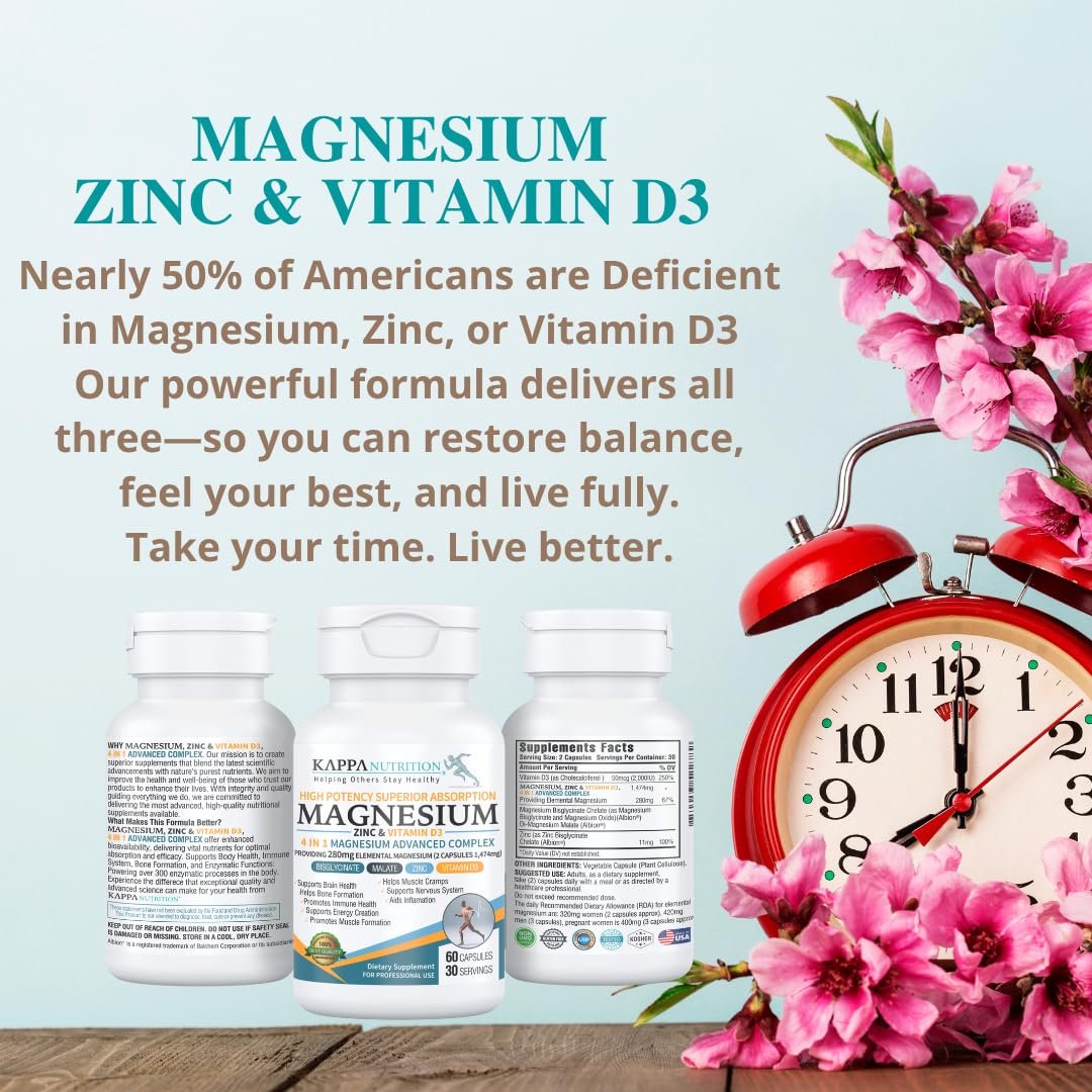 Kappa Nutrition Magnesium 4-in-1, 280 mg elementares Magnesium (Bisglycinat, Malat) + Zink & Vitamin D3, Gehirn, Schlaf, Energie, Muskeln, Immunsystem, 60 vegane Kapseln