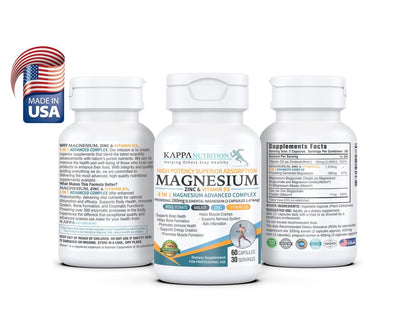 Kappa Nutrition Magnesium 4-in-1, 280 mg elementares Magnesium (Bisglycinat, Malat) + Zink & Vitamin D3, Gehirn, Schlaf, Energie, Muskeln, Immunsystem, 60 vegane Kapseln