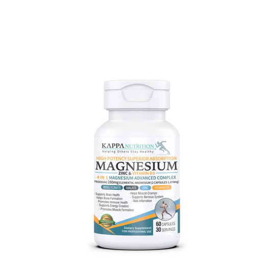 Kappa Nutrition Magnesium 4-in-1, 280 mg elementares Magnesium (Bisglycinat, Malat) + Zink & Vitamin D3, Gehirn, Schlaf, Energie, Muskeln, Immunsystem, 60 vegane Kapseln