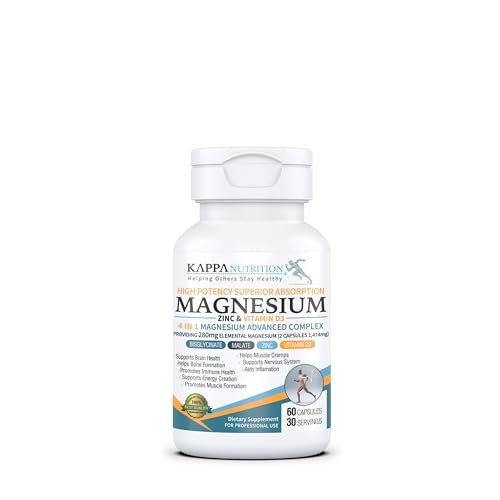 Kappa Nutrition Magnesium 4-in-1, 280 mg elementares Magnesium (Bisglycinat, Malat) + Zink & Vitamin D3, Gehirn, Schlaf, Energie, Muskeln, Immunsystem, 60 vegane Kapseln