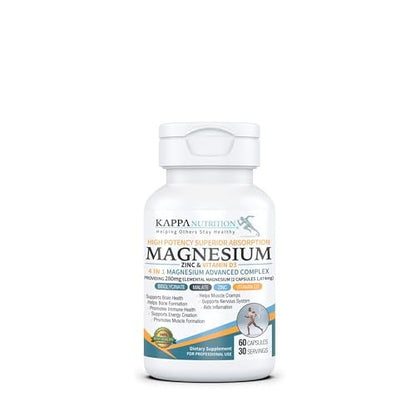 Kappa Nutrition Magnesium 4-in-1, 280 mg elementares Magnesium (Bisglycinat, Malat) + Zink & Vitamin D3, Gehirn, Schlaf, Energie, Muskeln, Immunsystem, 60 vegane Kapseln