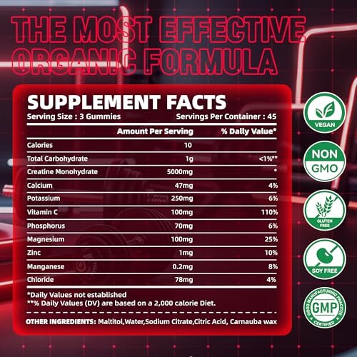 zipvit Creatin-Monohydrat Gummibärchen (5g) – Pre-Workout Energie & Muskelwachstum für Männer & Frauen | Erdbeer-Elektrolyt-Gummis (135 Stück)