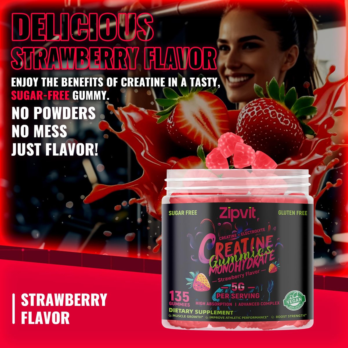 zipvit Creatin-Monohydrat Gummibärchen (5g) – Pre-Workout Energie & Muskelwachstum für Männer & Frauen | Erdbeer-Elektrolyt-Gummis (135 Stück)