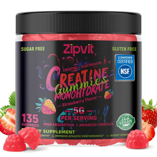 zipvit Creatin-Monohydrat Gummibärchen (5g) – Pre-Workout Energie & Muskelwachstum für Männer & Frauen | Erdbeer-Elektrolyt-Gummis (135 Stück)