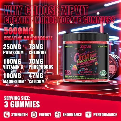 zipvit Creatin-Monohydrat Gummibärchen (5g) – Pre-Workout Energie & Muskelwachstum für Männer & Frauen | Erdbeer-Elektrolyt-Gummis (135 Stück)