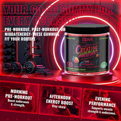 zipvit Creatin-Monohydrat Gummibärchen (5g) – Pre-Workout Energie & Muskelwachstum für Männer & Frauen | Erdbeer-Elektrolyt-Gummis (135 Stück)