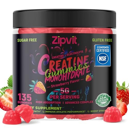 zipvit Creatin-Monohydrat Gummibärchen (5g) – Pre-Workout Energie & Muskelwachstum für Männer & Frauen | Erdbeer-Elektrolyt-Gummis (135 Stück)