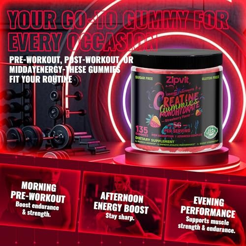 zipvit Creatin-Monohydrat Gummibärchen (5g) – Pre-Workout Energie & Muskelwachstum für Männer & Frauen | Erdbeer-Elektrolyt-Gummis (135 Stück)