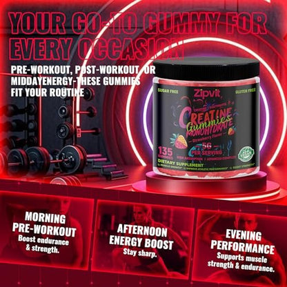 zipvit Creatin-Monohydrat Gummibärchen (5g) – Pre-Workout Energie & Muskelwachstum für Männer & Frauen | Erdbeer-Elektrolyt-Gummis (135 Stück)