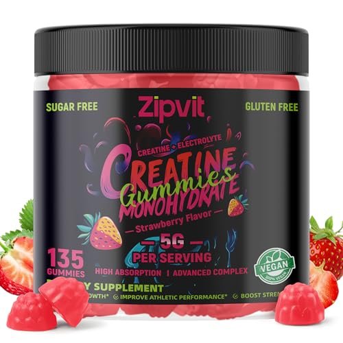 zipvit Creatin-Monohydrat Gummibärchen (5g) – Pre-Workout Energie & Muskelwachstum für Männer & Frauen | Erdbeer-Elektrolyt-Gummis (135 Stück)