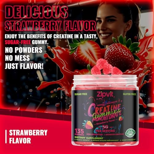 zipvit Creatin-Monohydrat Gummibärchen (5g) – Pre-Workout Energie & Muskelwachstum für Männer & Frauen | Erdbeer-Elektrolyt-Gummis (135 Stück)