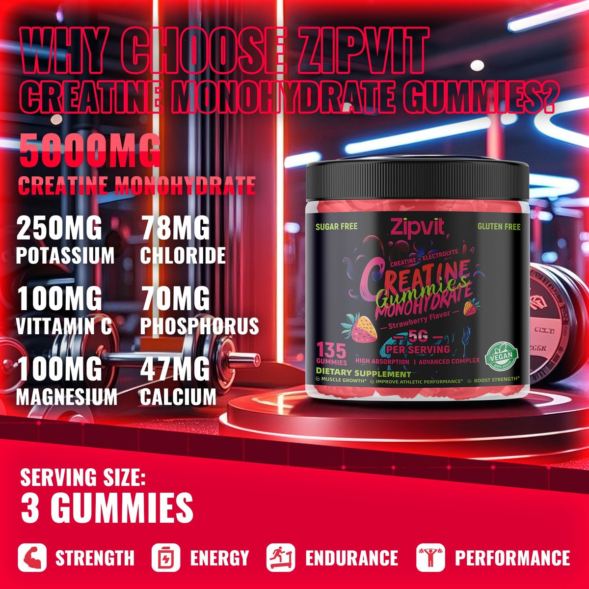 zipvit Creatin-Monohydrat Gummibärchen (5g) – Pre-Workout Energie & Muskelwachstum für Männer & Frauen | Erdbeer-Elektrolyt-Gummis (135 Stück)