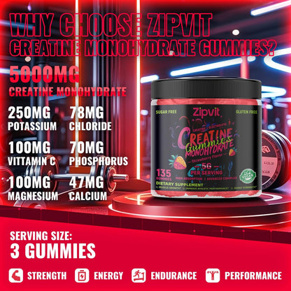 zipvit Creatin-Monohydrat Gummibärchen (5g) – Pre-Workout Energie & Muskelwachstum für Männer & Frauen | Erdbeer-Elektrolyt-Gummis (135 Stück)