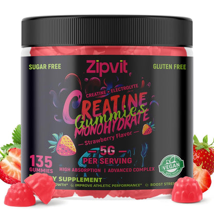 zipvit Creatin-Monohydrat Gummibärchen (5g) – Pre-Workout Energie & Muskelwachstum für Männer & Frauen | Erdbeer-Elektrolyt-Gummis (135 Stück)