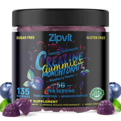 zipvit Creatin-Monohydrat Gummibärchen (5g) – Pre-Workout Energie & Muskelwachstum für Männer & Frauen | Blaubeer-Elektrolyt-Gummis (135 Stück)