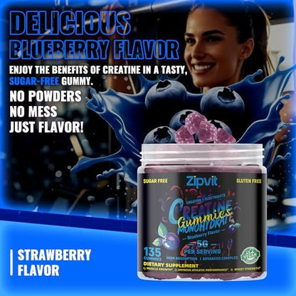 zipvit Creatin-Monohydrat Gummibärchen (5g) – Pre-Workout Energie & Muskelwachstum für Männer & Frauen | Blaubeer-Elektrolyt-Gummis (135 Stück)