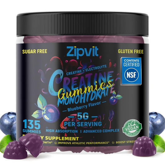 zipvit Creatin-Monohydrat Gummibärchen (5g) – Pre-Workout Energie & Muskelwachstum für Männer & Frauen | Blaubeer-Elektrolyt-Gummis (135 Stück)