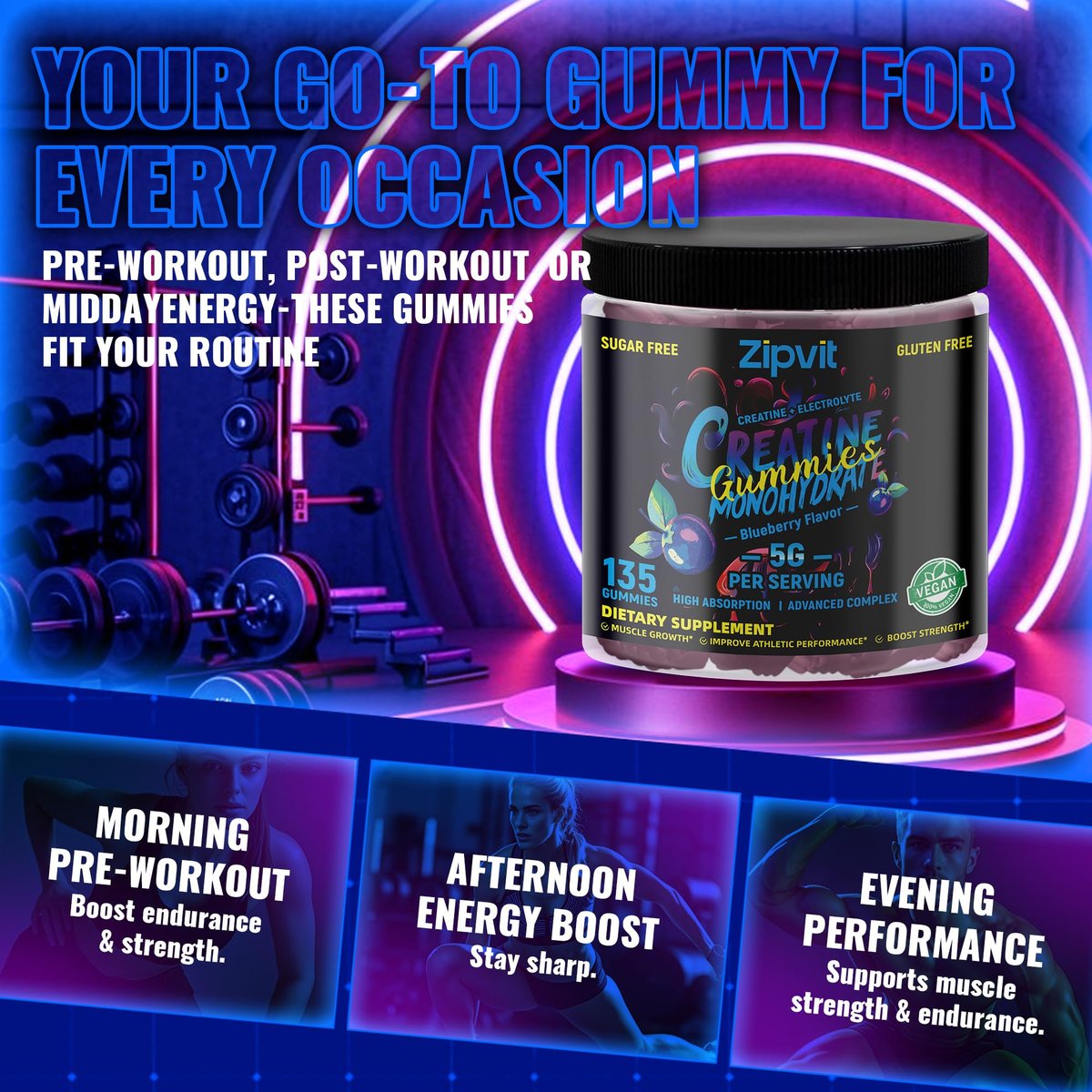 zipvit Creatin-Monohydrat Gummibärchen (5g) – Pre-Workout Energie & Muskelwachstum für Männer & Frauen | Blaubeer-Elektrolyt-Gummis (135 Stück)