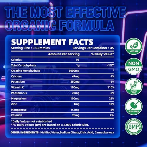 zipvit Creatin-Monohydrat Gummibärchen (5g) – Pre-Workout Energie & Muskelwachstum für Männer & Frauen | Blaubeer-Elektrolyt-Gummis (135 Stück)