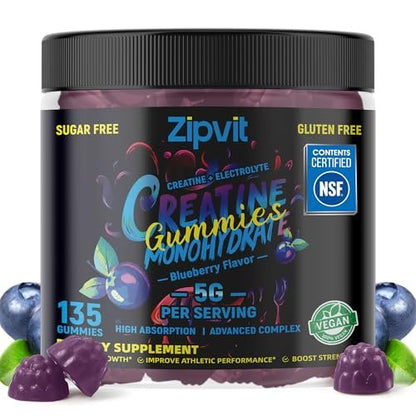 zipvit Creatin-Monohydrat Gummibärchen (5g) – Pre-Workout Energie & Muskelwachstum für Männer & Frauen | Blaubeer-Elektrolyt-Gummis (135 Stück)