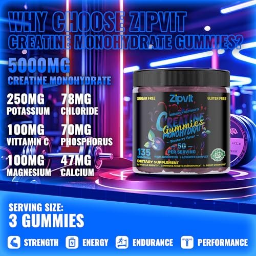 zipvit Creatin-Monohydrat Gummibärchen (5g) – Pre-Workout Energie & Muskelwachstum für Männer & Frauen | Blaubeer-Elektrolyt-Gummis (135 Stück)