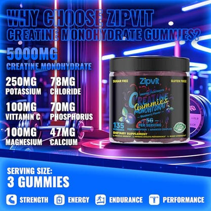 zipvit Creatin-Monohydrat Gummibärchen (5g) – Pre-Workout Energie & Muskelwachstum für Männer & Frauen | Blaubeer-Elektrolyt-Gummis (135 Stück)