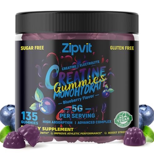 zipvit Creatin-Monohydrat Gummibärchen (5g) – Pre-Workout Energie & Muskelwachstum für Männer & Frauen | Blaubeer-Elektrolyt-Gummis (135 Stück)