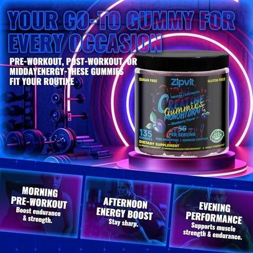 zipvit Creatin-Monohydrat Gummibärchen (5g) – Pre-Workout Energie & Muskelwachstum für Männer & Frauen | Blaubeer-Elektrolyt-Gummis (135 Stück)