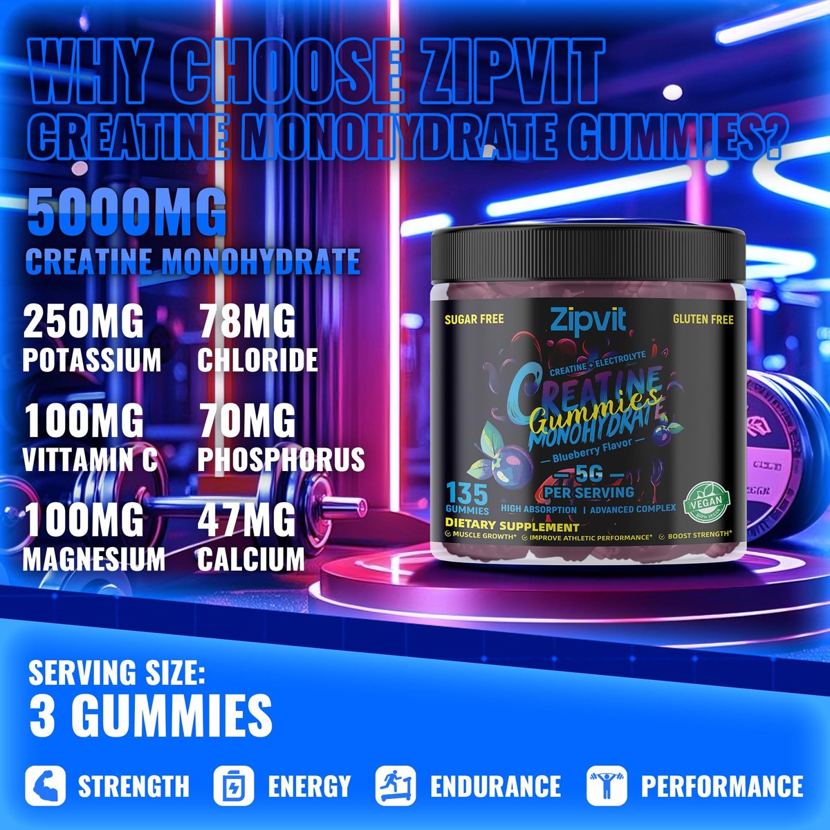 zipvit Creatin-Monohydrat Gummibärchen (5g) – Pre-Workout Energie & Muskelwachstum für Männer & Frauen | Blaubeer-Elektrolyt-Gummis (135 Stück)