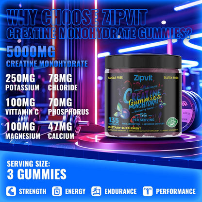 zipvit Creatin-Monohydrat Gummibärchen (5g) – Pre-Workout Energie & Muskelwachstum für Männer & Frauen | Blaubeer-Elektrolyt-Gummis (135 Stück)