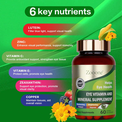 zooone 60 Stück Lutein Augen Vitamine Nahrungsergänzungsmittel für Makulagesundheit und trockene Augen, mit Lutein, Zink, Vitamin C/E & Zeaxanthin