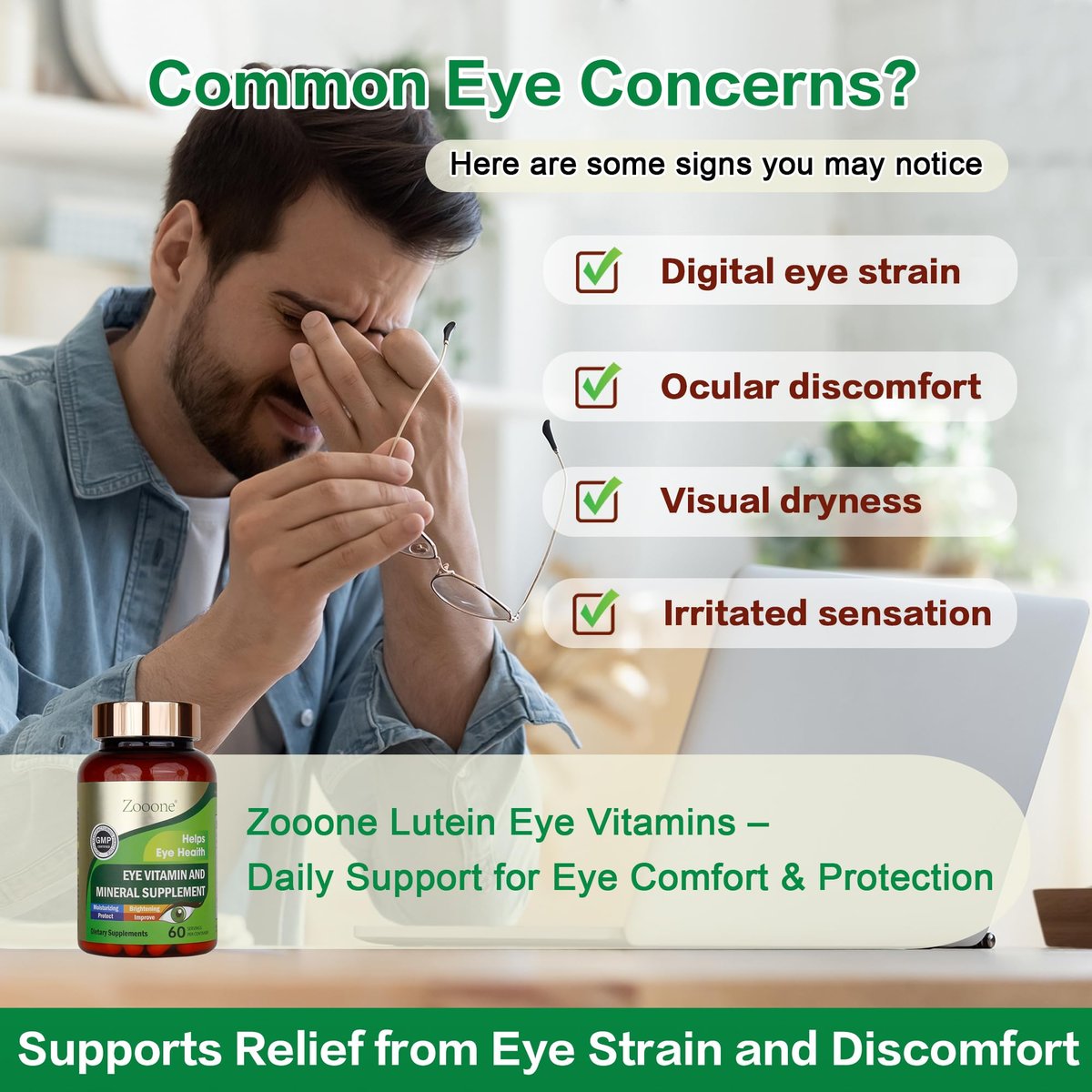 zooone 60 Stück Lutein Augen Vitamine Nahrungsergänzungsmittel für Makulagesundheit und trockene Augen, mit Lutein, Zink, Vitamin C/E & Zeaxanthin