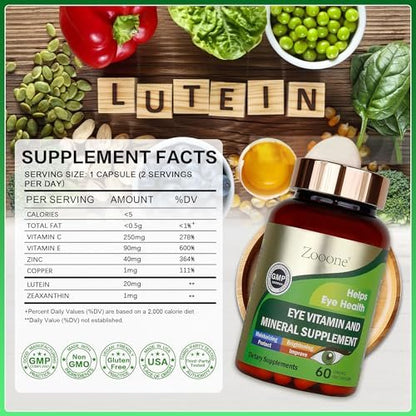 zooone 60 Stück Lutein Augen Vitamine Nahrungsergänzungsmittel für Makulagesundheit und trockene Augen, mit Lutein, Zink, Vitamin C/E & Zeaxanthin