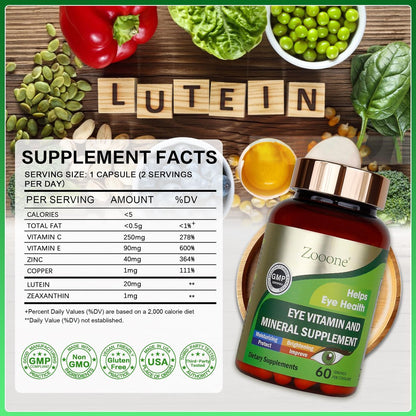 zooone 60 Stück Lutein Augen Vitamine Nahrungsergänzungsmittel für Makulagesundheit und trockene Augen, mit Lutein, Zink, Vitamin C/E & Zeaxanthin