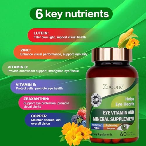 zooone 60 Stück Lutein Augen Vitamine Nahrungsergänzungsmittel für Makulagesundheit und trockene Augen, mit Lutein, Zink, Vitamin C/E & Zeaxanthin