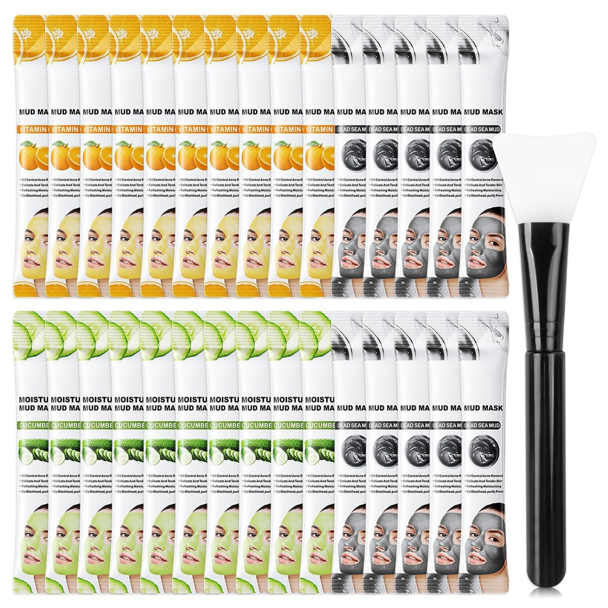 WENJLYJ 30er-Pack Gesichtsmasken Set: Vitamin C, Totes Meer Schlamm, Gurke – Tiefenreinigende Tonmasken für ein strahlendes Hautbild