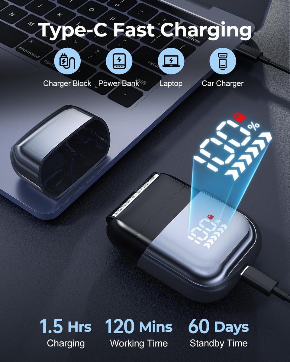 WALUMEN Folienrasierer für Männer, Mini-Elektrorasierer für eine gründliche Rasur mit 3 hochgeschwindigkeits-schwebenden Scherköpfen, USB-C schnell wiederaufladbar, IPX7 wasserdicht, nass/trocken, Reisesperre, LED-Anzeige