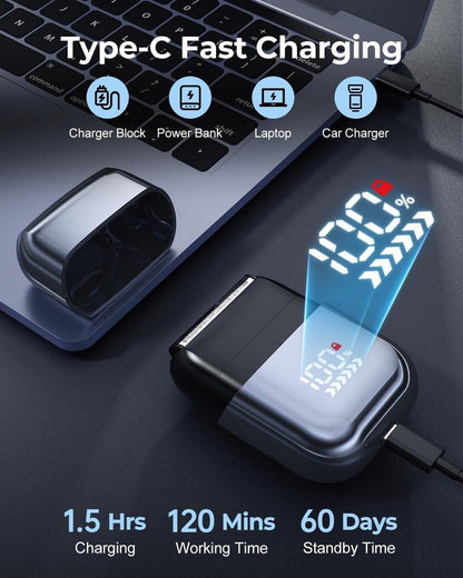 WALUMEN Folienrasierer für Männer, Mini-Elektrorasierer für eine gründliche Rasur mit 3 hochgeschwindigkeits-schwebenden Scherköpfen, USB-C schnell wiederaufladbar, IPX7 wasserdicht, nass/trocken, Reisesperre, LED-Anzeige