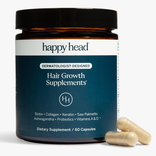 Happy Head Haarergänzungskapseln für Männer & Frauen mit Biotin, Kollagen, Keratin, Ashwagandha, Vitamin D, Vitamin A & Sägepalme – Tägliche Haarpflege-Unterstützung, 1 Monatsvorrat, 60 Kapseln