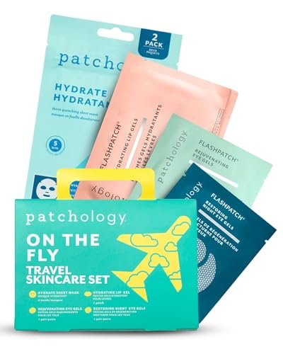 Patchology On The Fly Travel Facial Kit – Feuchtigkeitsspendende Hautpflege-Essentials für Gesicht, Augen und Lippen – 2 Paar Augenpflaster, 2 Hydrate Sheet Mask, 1 Lip Mask – Perfekt für unterwegs